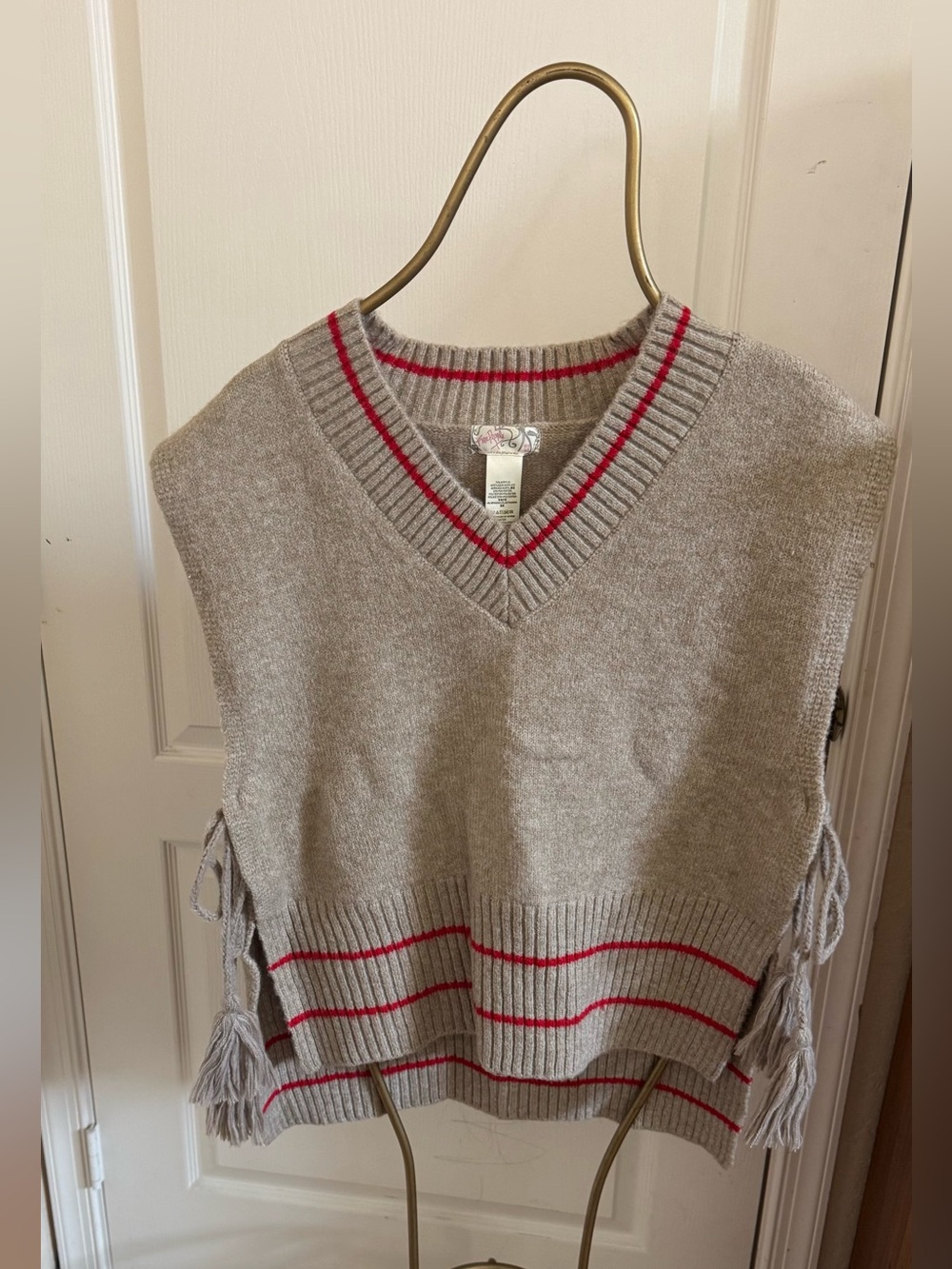 Free People Beige Sweater Vest with Red Stripe Accents